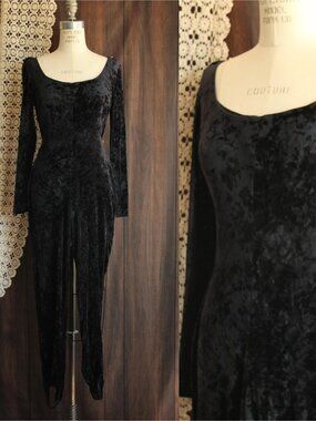 Vintage 1980s 1990s Catsuit, Volup JM By Shelli Segal Black Crushed Velvet Jumps